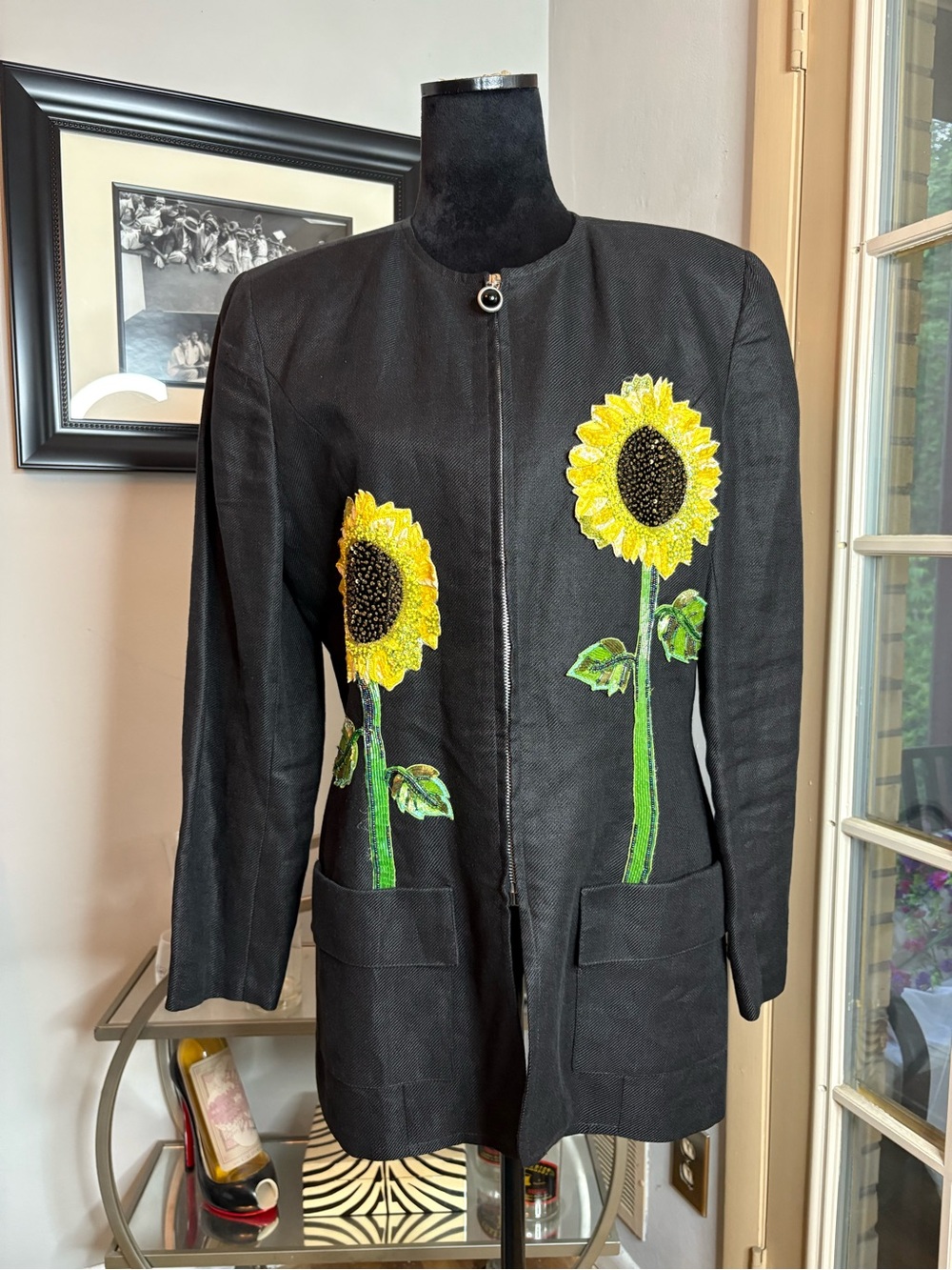 Emanuel Ungaro Black Jacket with Yellow Sunflower Embroidery